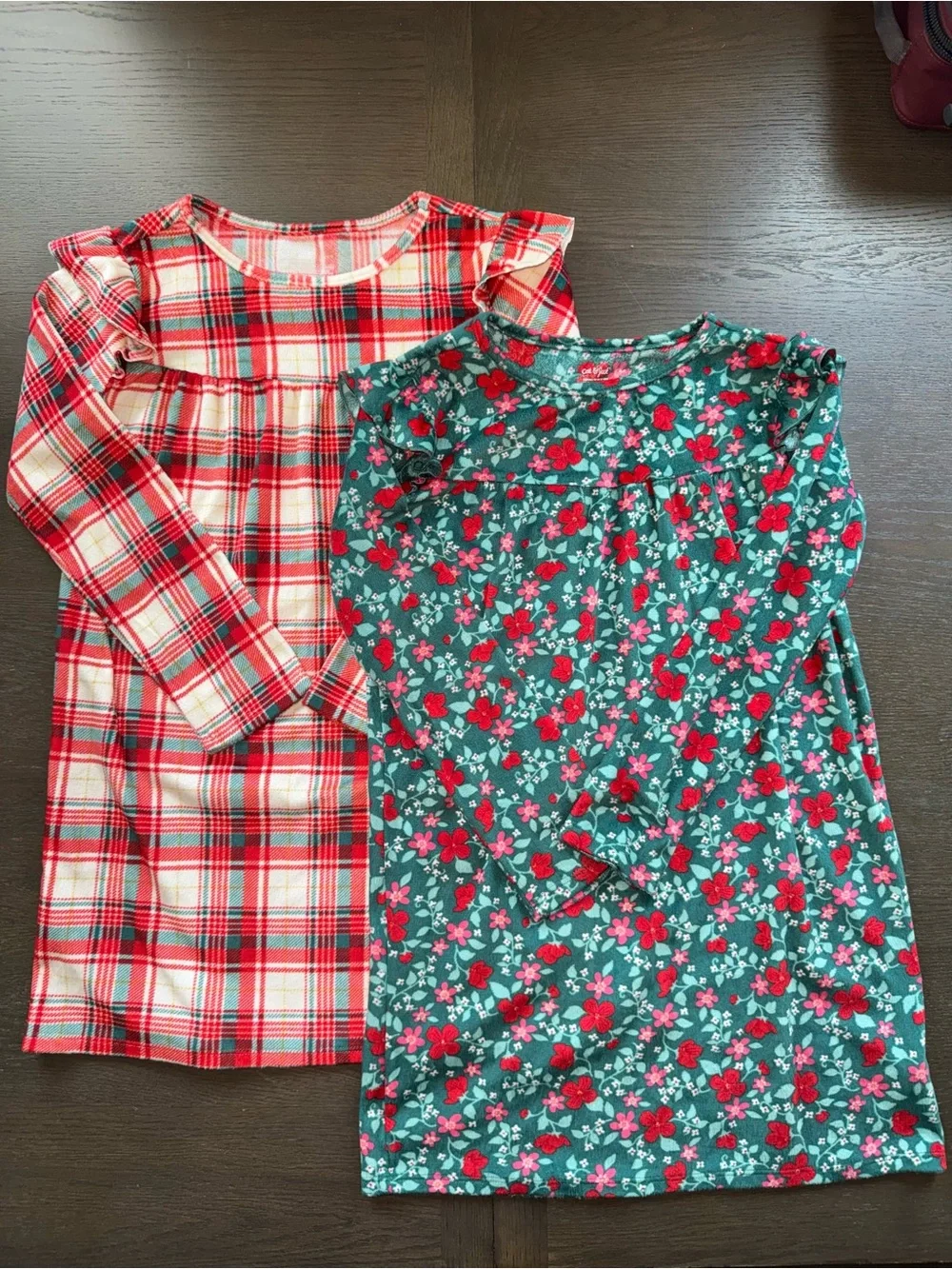 2 Cat & Jack Girl Long Sleeve Holiday Pajama Gowns Red Plaid & Green Floral Sz8
